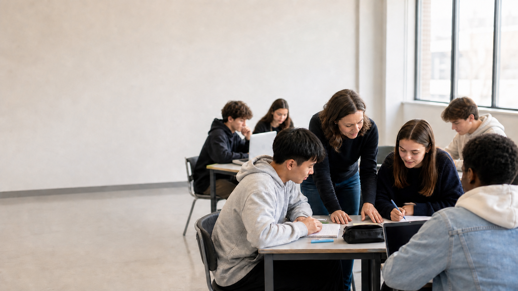 Une enseignante accompagne un groupe d’élèves en classe