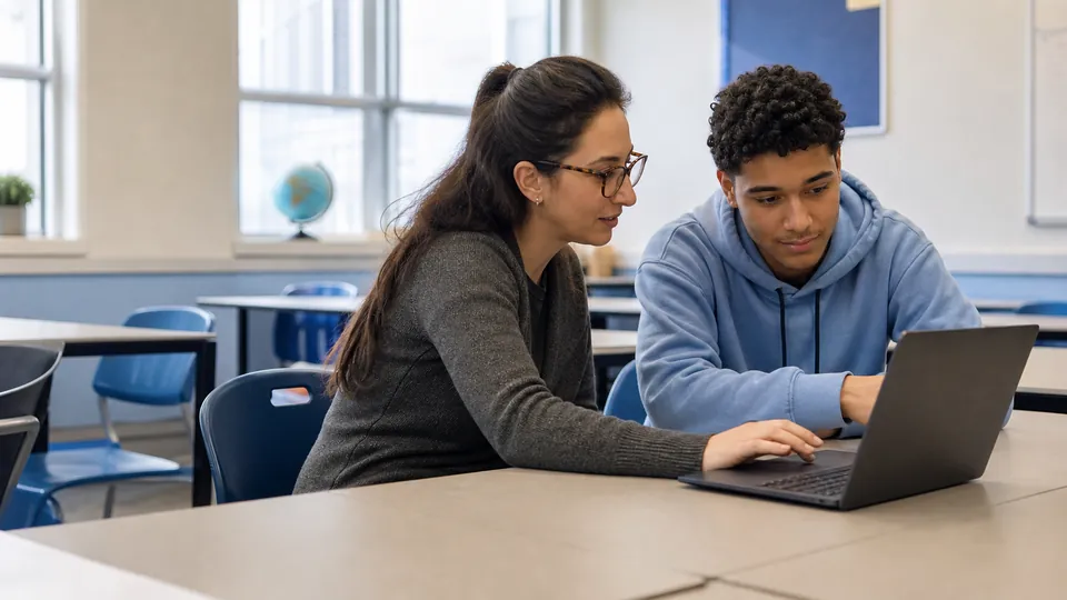 Une enseignante donne une rétroaction à un élève devant son ordinateur.