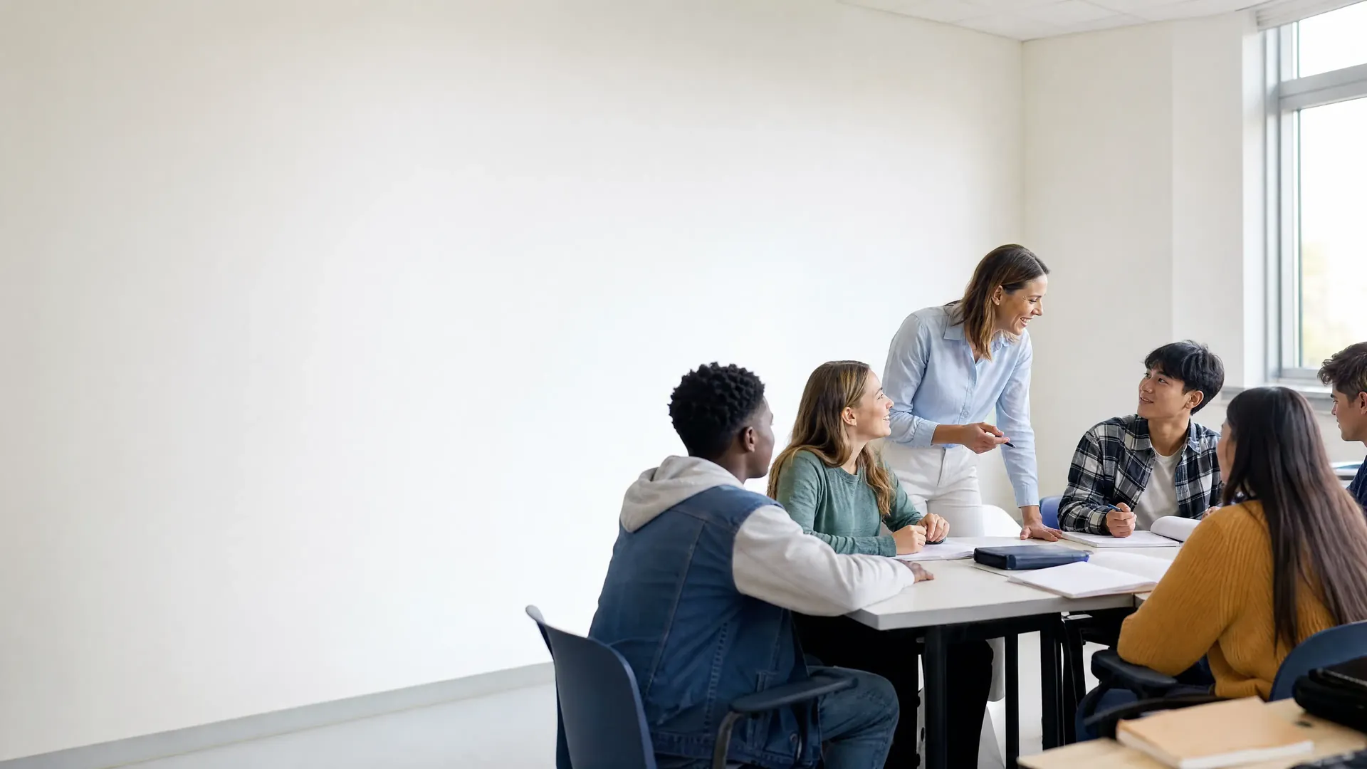 Des élèves travaillent ensemble en classe avec leur professeur.